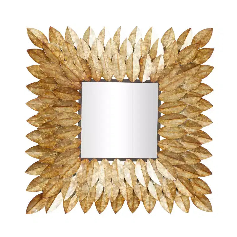 Metal Leaf Radial Wall Mirror Brown - Olivia & May: Rustic Square No Assembly Required