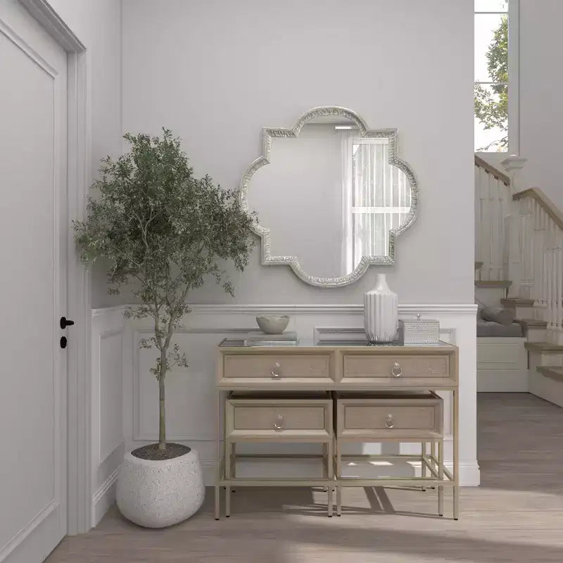 Specchio da parete in alluminio Quatrefoil grigio, rotondo glamour, 39,5 pollici