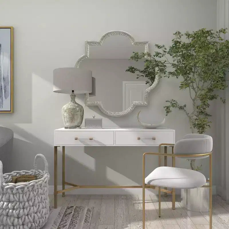 Specchio da parete in alluminio Quatrefoil grigio, rotondo glamour, 39,5 pollici