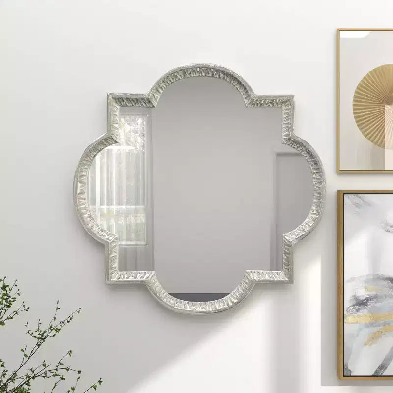 Specchio da parete in alluminio Quatrefoil grigio, rotondo glamour, 39,5 pollici