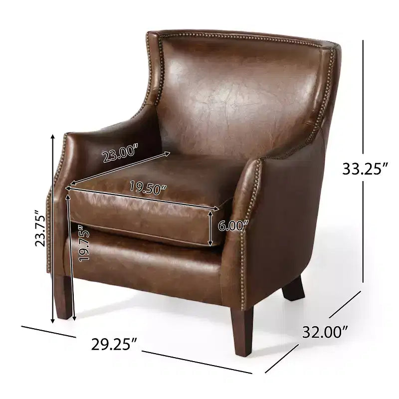 Poltrona Club Contemporanea in Vera Pelle con Bordatura Borchiata, Gambe in Legno di Gomma, Marrone Chiaro Vintage
