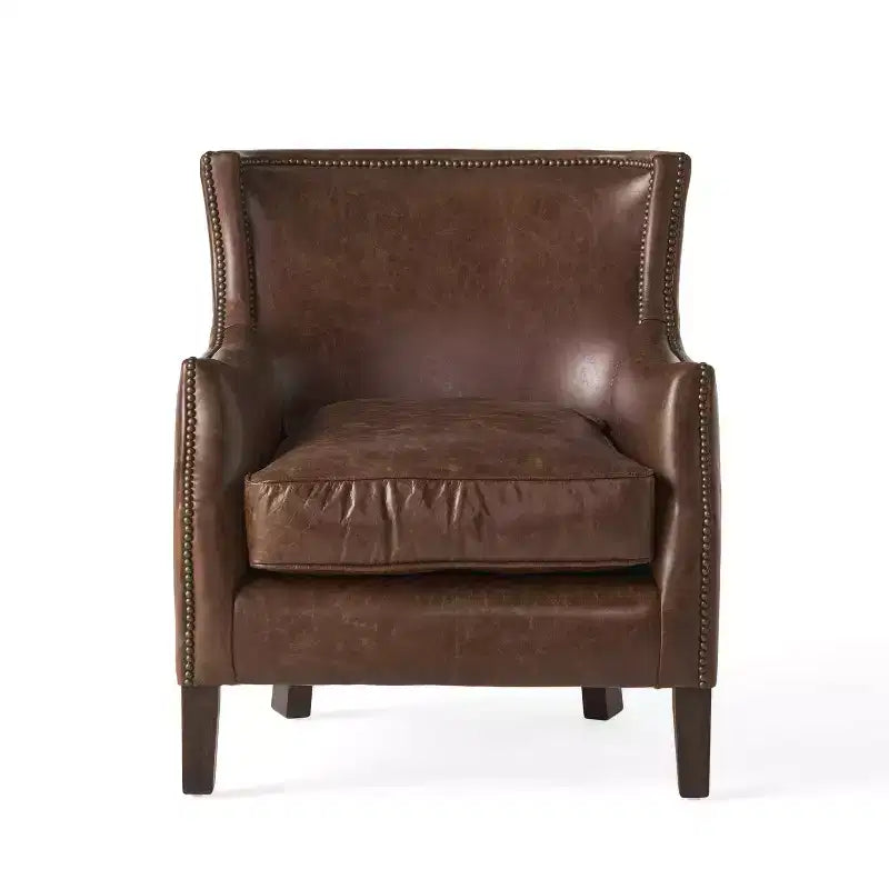 Poltrona Club Contemporanea in Vera Pelle con Bordatura Borchiata, Gambe in Legno di Gomma, Marrone Chiaro Vintage