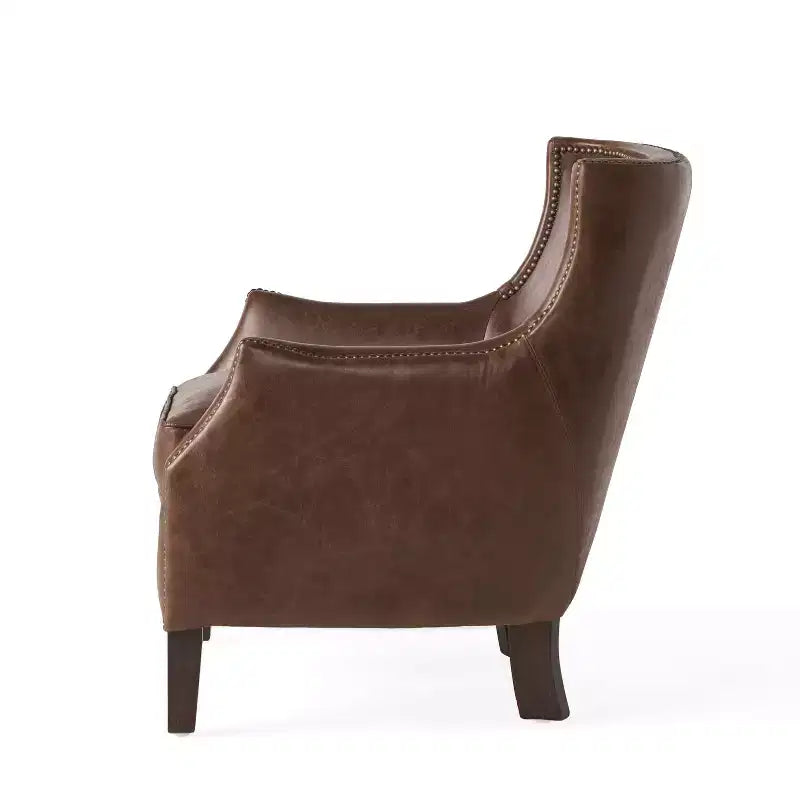 Poltrona Club Contemporanea in Vera Pelle con Bordatura Borchiata, Gambe in Legno di Gomma, Marrone Chiaro Vintage
