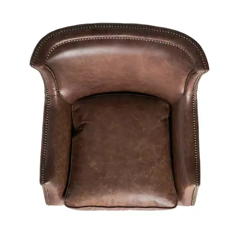 Poltrona Club Contemporanea in Vera Pelle con Bordatura Borchiata, Gambe in Legno di Gomma, Marrone Chiaro Vintage