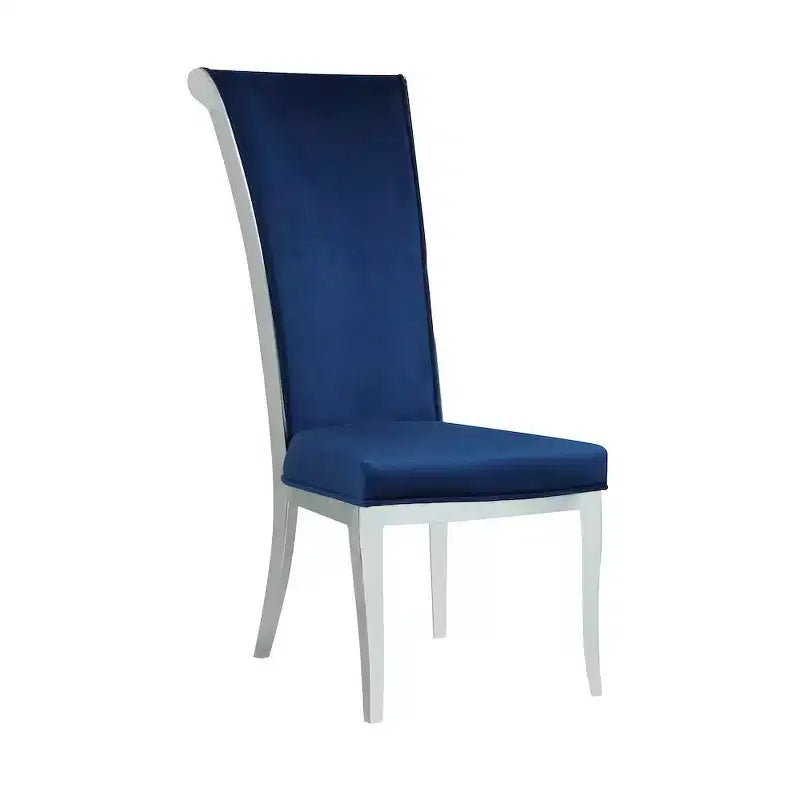 Sedia da pranzo moderna con schienale alto e curvo, Poliestere blu, Struttura in acciaio inossidabile lucido