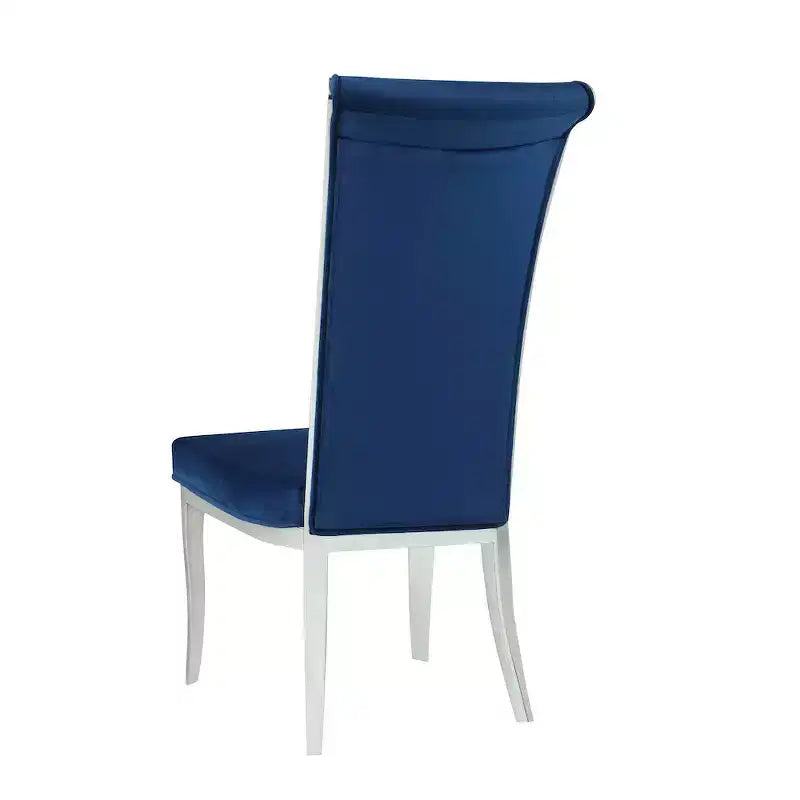 Sedia da pranzo moderna con schienale alto e curvo, Poliestere blu, Struttura in acciaio inossidabile lucido