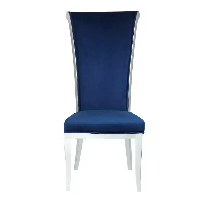 Sedia da pranzo moderna con schienale alto e curvo, Poliestere blu, Struttura in acciaio inossidabile lucido