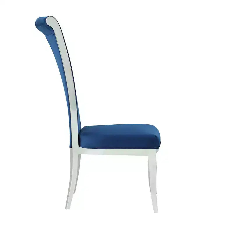 Sedia da pranzo moderna con schienale alto e curvo, Poliestere blu, Struttura in acciaio inossidabile lucido