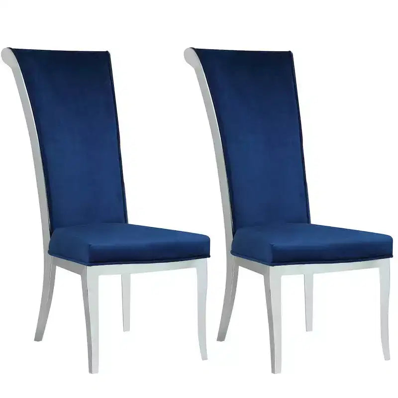 Sedia da pranzo moderna con schienale alto e curvo, Poliestere blu, Struttura in acciaio inossidabile lucido