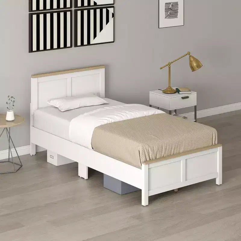 Giroletto con testiera e pediera, doghe in legno, non richiede box spring, facile da montare, bianco