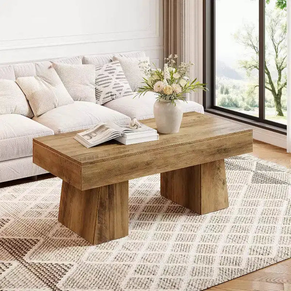 Lantine 47 Farmhouse Coffee Table, Wooden Rectangular Accent Center Tables with Thick Base, for Living Room,Lounge