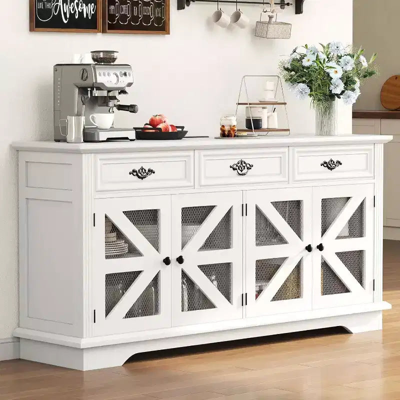Farmhouse Sideboard Buffet Cabinet, 63in Coffee Bar Cupboard Storage Cabinet with 3 Drawers 4 Doors and Adjustable Shelves for Home, White