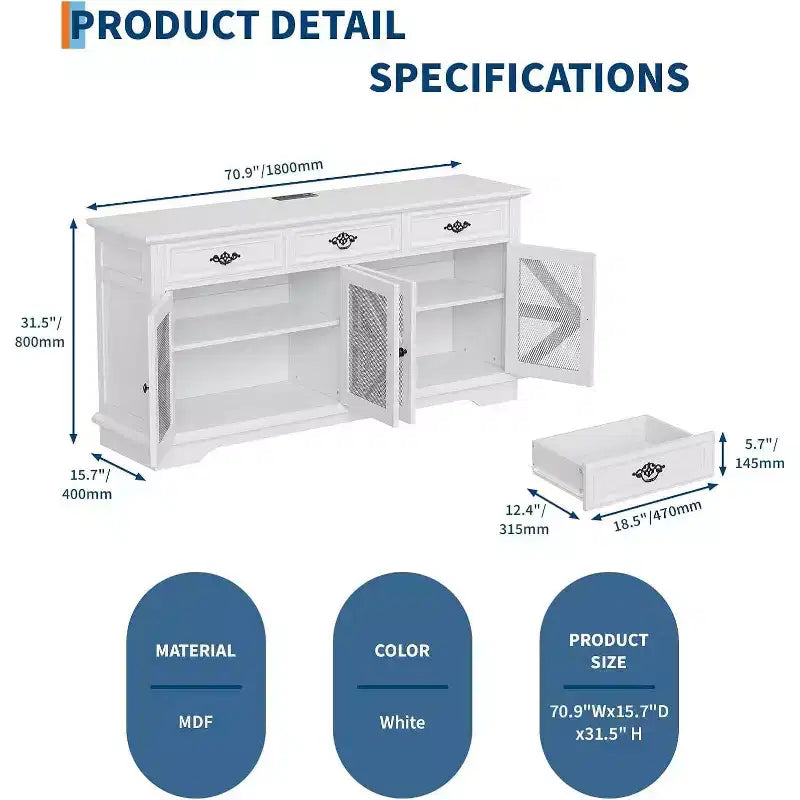 Mobile credenza a buffet da 160 cm con 3 cassetti, 4 ante in rete e ripiani regolabili, bianco