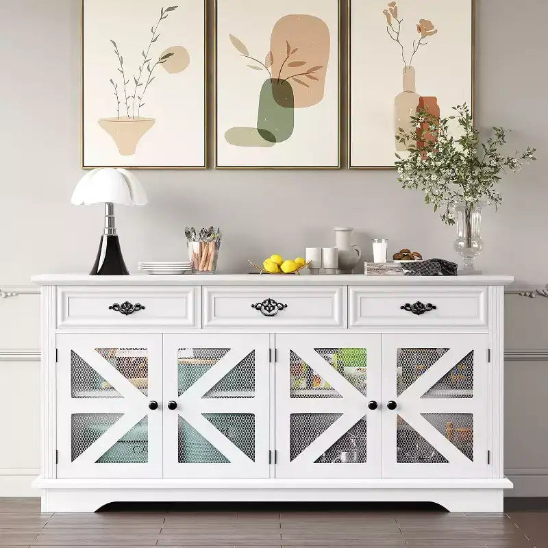 Mobile credenza a buffet da 160 cm con 3 cassetti, 4 ante in rete e ripiani regolabili, bianco