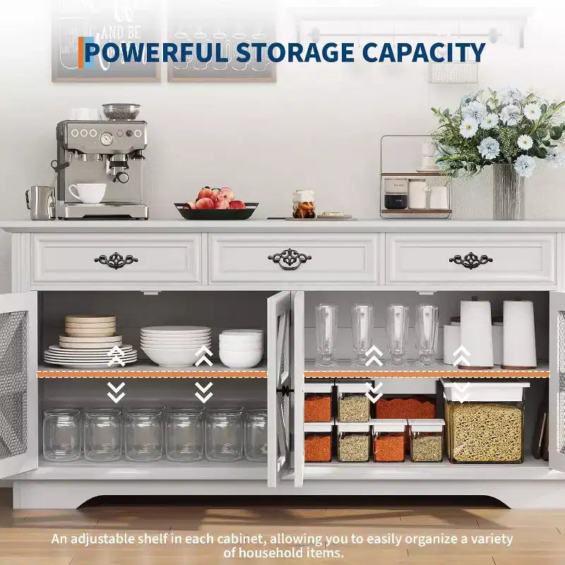 Mobile credenza a buffet da 160 cm con 3 cassetti, 4 ante in rete e ripiani regolabili, bianco