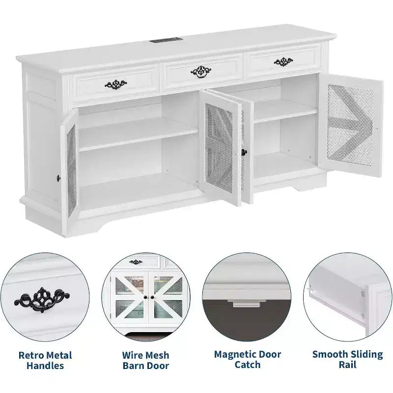 Mobile credenza a buffet da 160 cm con 3 cassetti, 4 ante in rete e ripiani regolabili, bianco