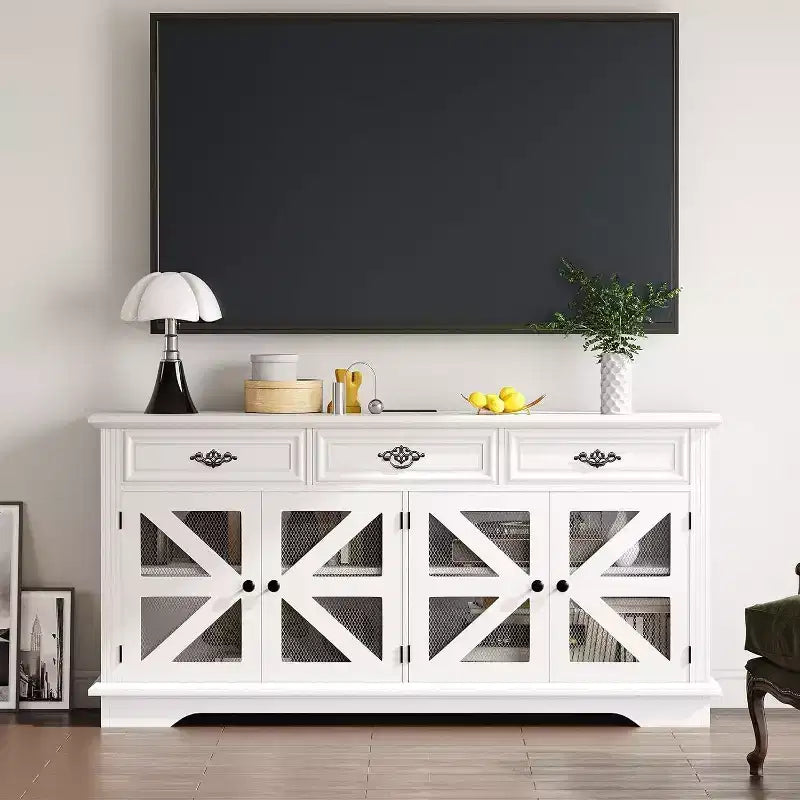 Mobile credenza a buffet da 160 cm con 3 cassetti, 4 ante in rete e ripiani regolabili, bianco