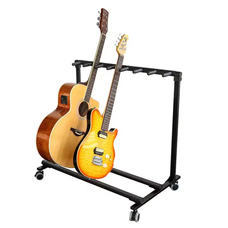 Multi Guitar Stand Rack with Wheels 7 Holders Foldable Guitar Stand Display Rack with No-Slip Rubber Padding Guitar Storage Rack for Home Band Stage