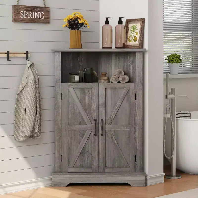 Dcolora Bathroom Corner Storage Cabinet, Farmhouse Floor Corner Cabinet with Barn Door and Adjustable Shelf