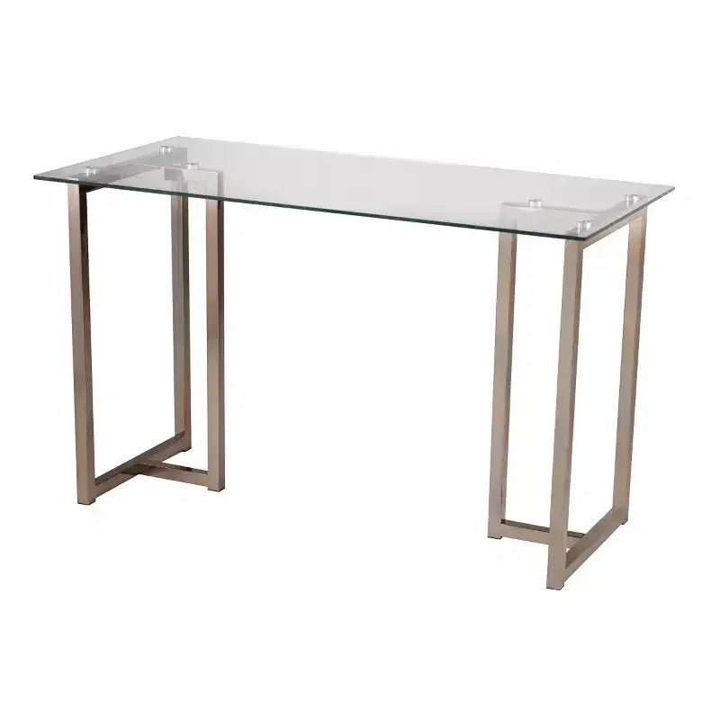 Scrivania Art Déco in vetro temperato, champagne, struttura in ferro, 122 cm