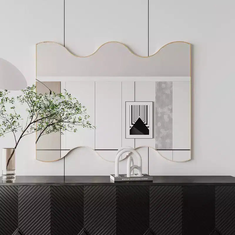 Specchio da bagno moderno a forma di onda 30x35 pollici, cornice in metallo, specchio da bagno