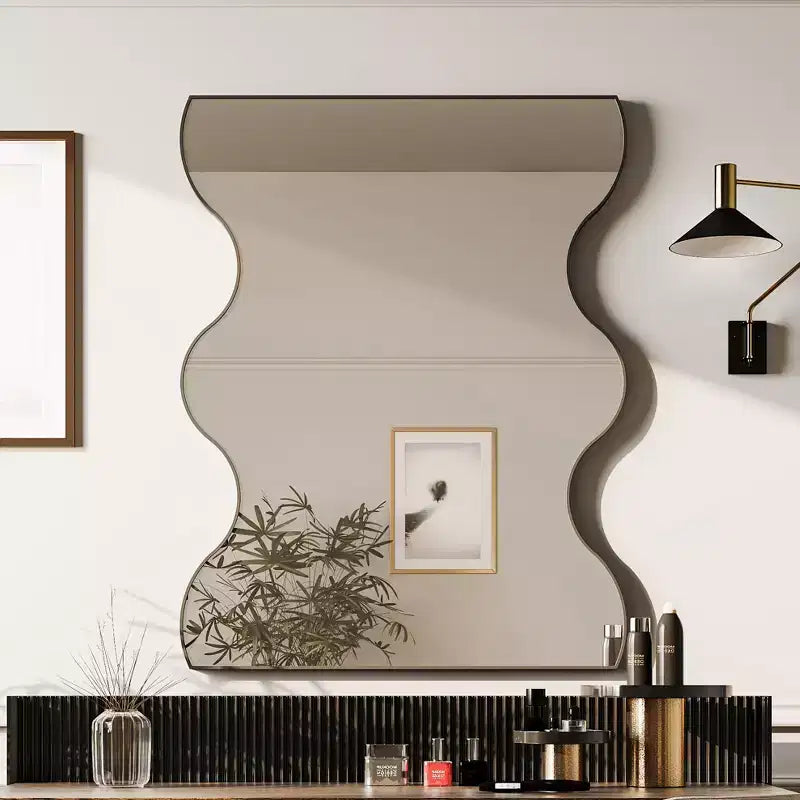 Specchio da bagno moderno a forma di onda 30x35 pollici, cornice in metallo, specchio da bagno