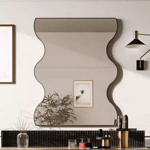 Specchio da bagno moderno a forma di onda 30x35 pollici, cornice in metallo, specchio da bagno