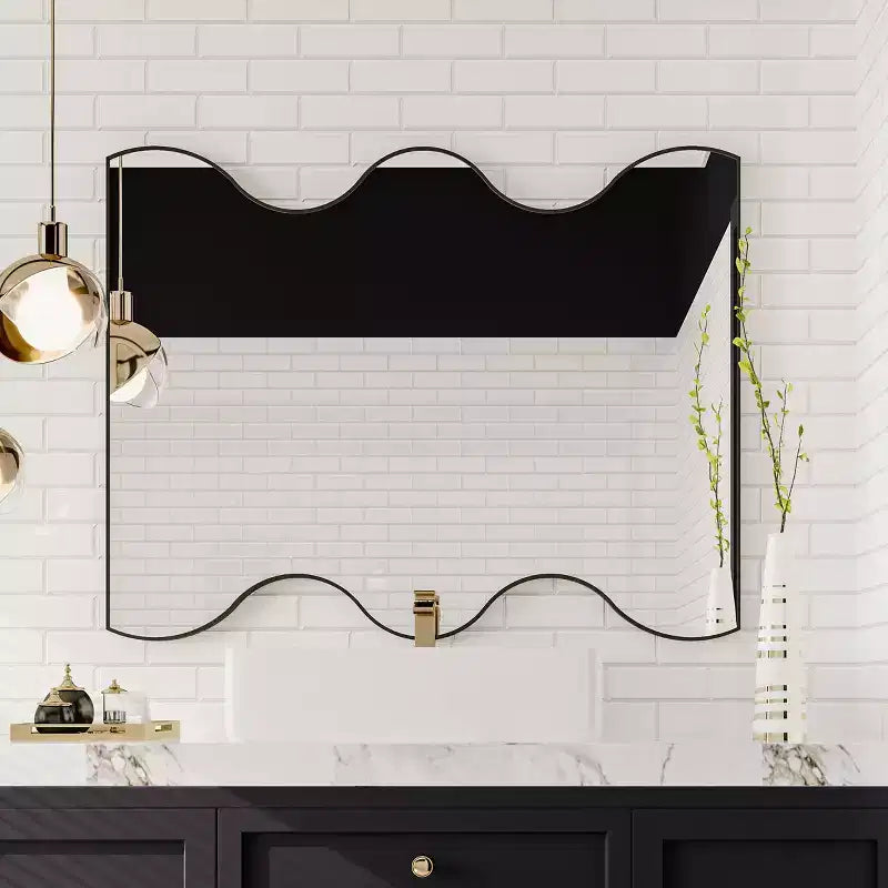 Specchio da bagno moderno a forma di onda 30x35 pollici, cornice in metallo, specchio da bagno