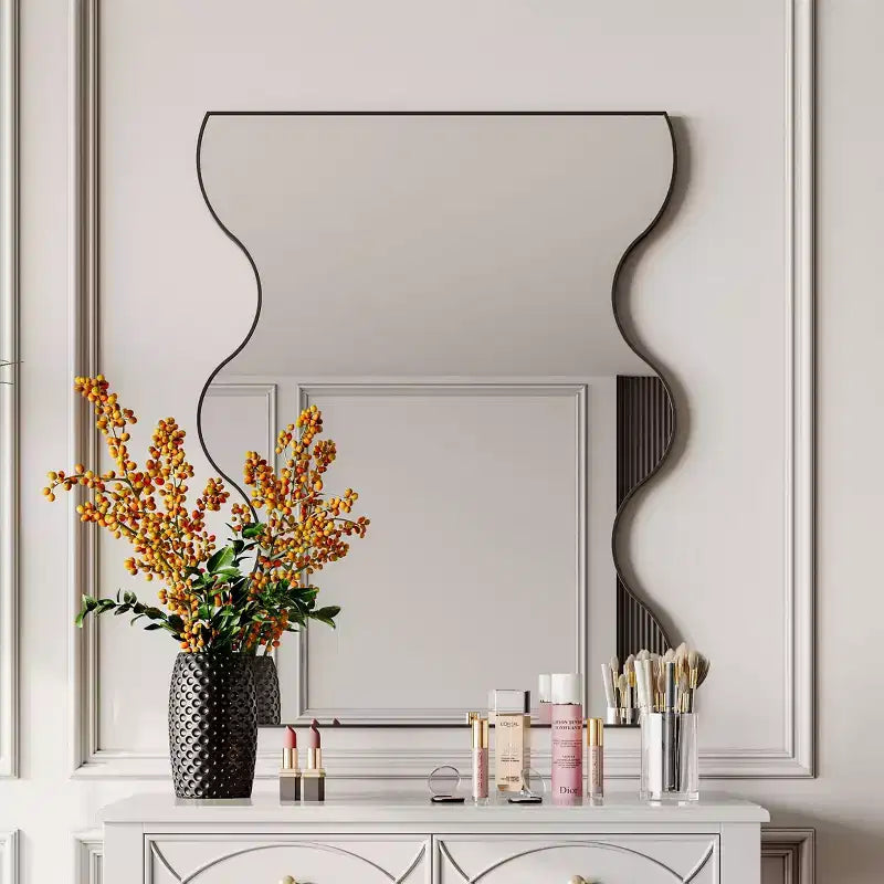 Specchio da bagno moderno a forma di onda 30x35 pollici, cornice in metallo, specchio da bagno