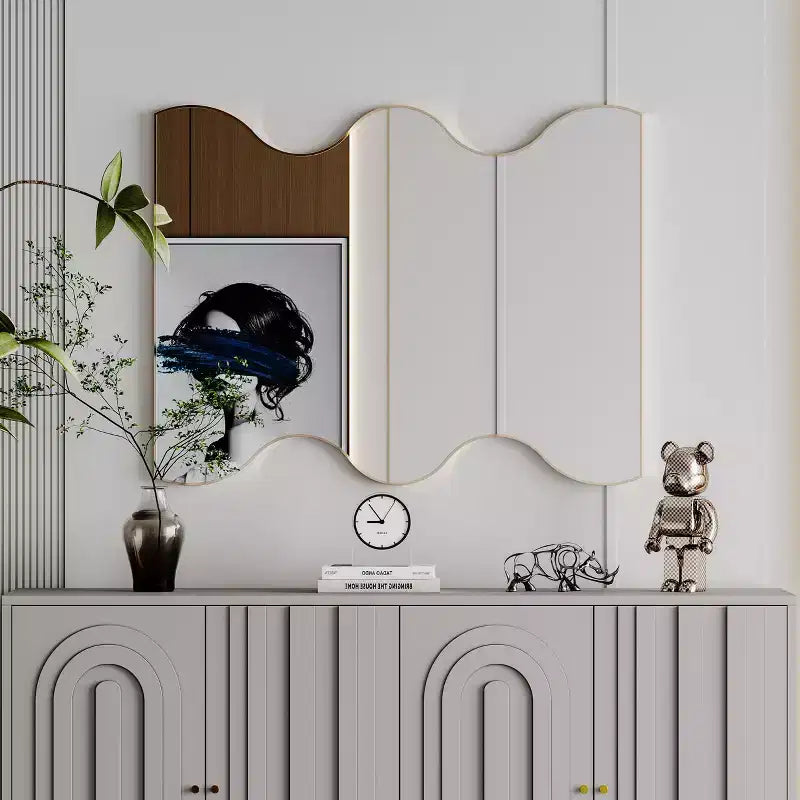 Specchio da bagno moderno a forma di onda 30x35 pollici, cornice in metallo, specchio da bagno