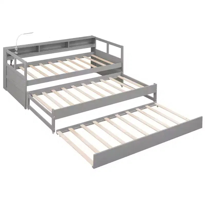 Divano letto Twin XL con 2 letti estraibili e ripiani portaoggetti, struttura letto in legno con ricarica USB e luce LED