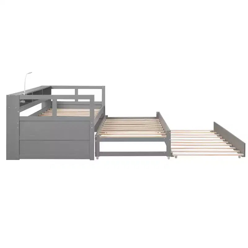 Divano letto Twin XL con 2 letti estraibili e ripiani portaoggetti, struttura letto in legno con ricarica USB e luce LED