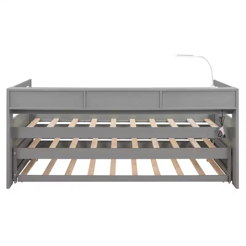 Divano letto Twin XL con 2 letti estraibili e ripiani portaoggetti, struttura letto in legno con ricarica USB e luce LED
