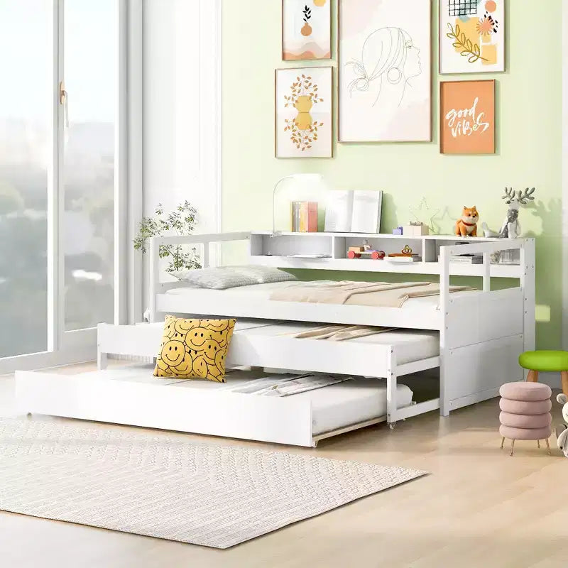 Divano letto Twin XL con 2 letti estraibili e ripiani portaoggetti, struttura letto in legno con ricarica USB e luce LED