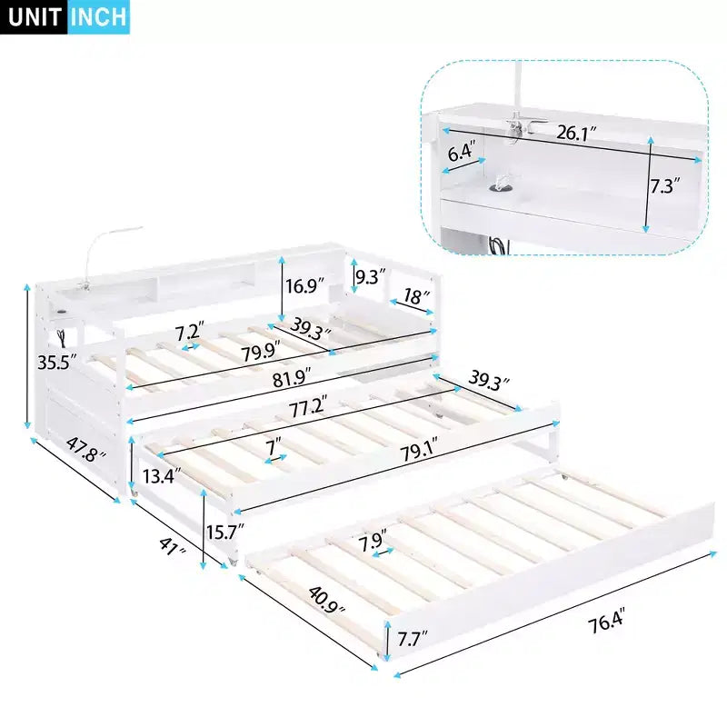 Divano letto Twin XL con 2 letti estraibili e ripiani portaoggetti, struttura letto in legno con ricarica USB e luce LED