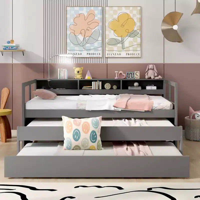 Divano letto Twin XL con 2 letti estraibili e ripiani portaoggetti, struttura letto in legno con ricarica USB e luce LED