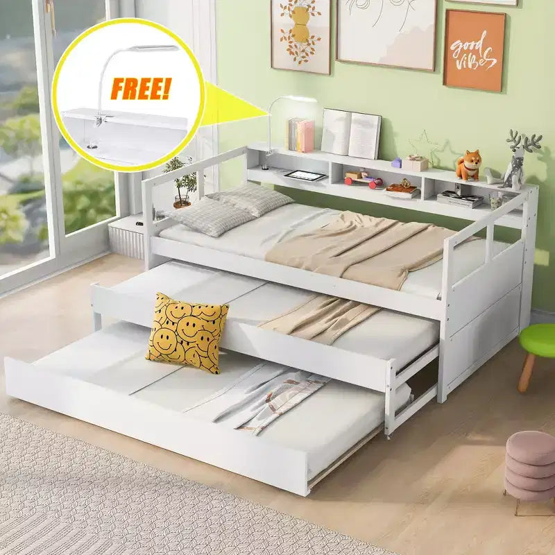 Divano letto Twin XL con 2 letti estraibili e ripiani portaoggetti, struttura letto in legno con ricarica USB e luce LED