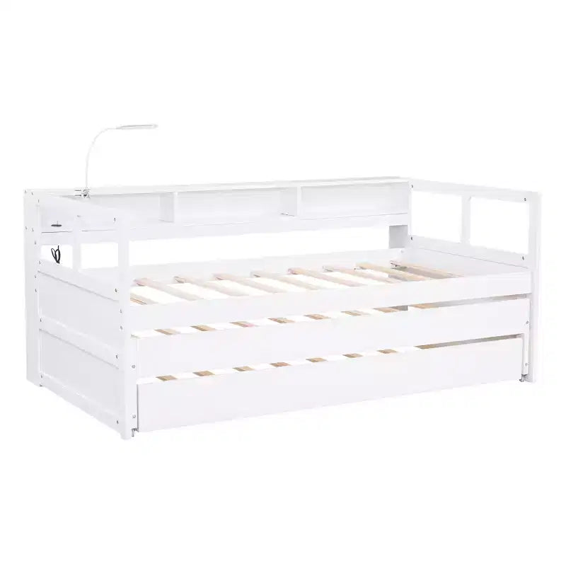 Divano letto Twin XL con 2 letti estraibili e ripiani portaoggetti, struttura letto in legno con ricarica USB e luce LED