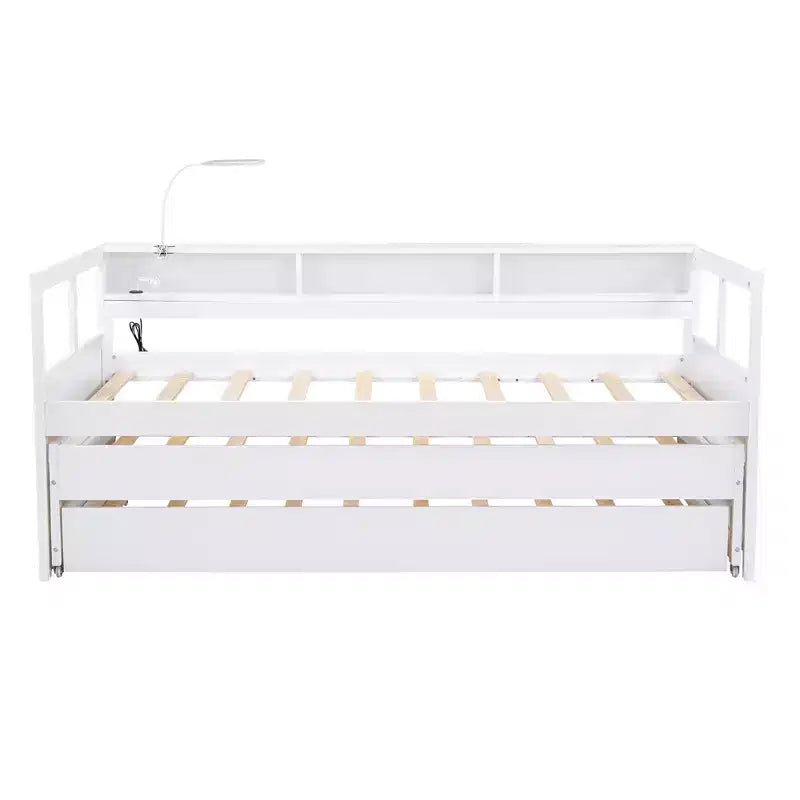 Divano letto Twin XL con 2 letti estraibili e ripiani portaoggetti, struttura letto in legno con ricarica USB e luce LED