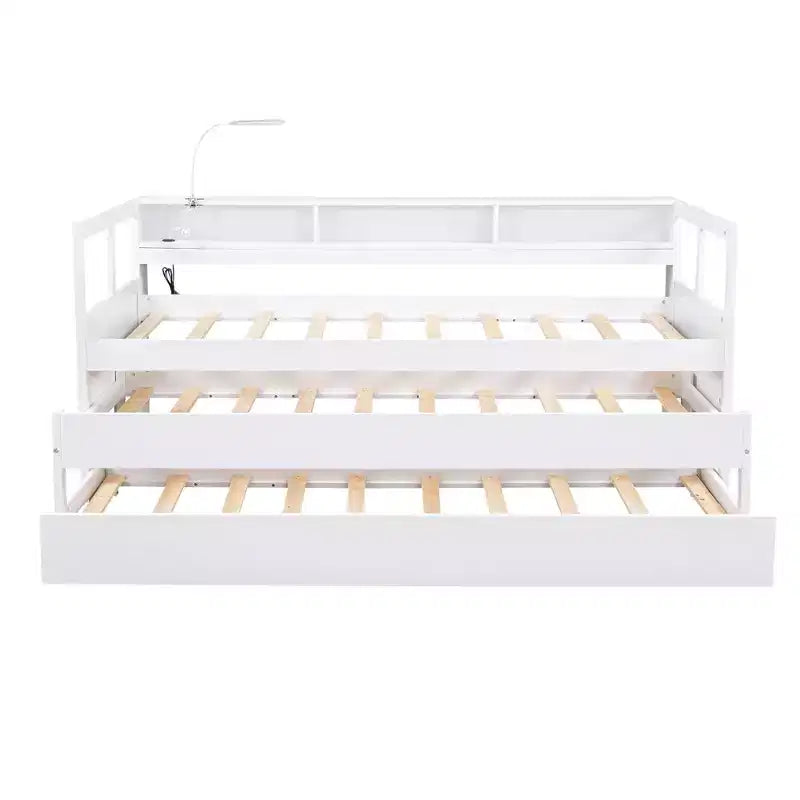 Divano letto Twin XL con 2 letti estraibili e ripiani portaoggetti, struttura letto in legno con ricarica USB e luce LED