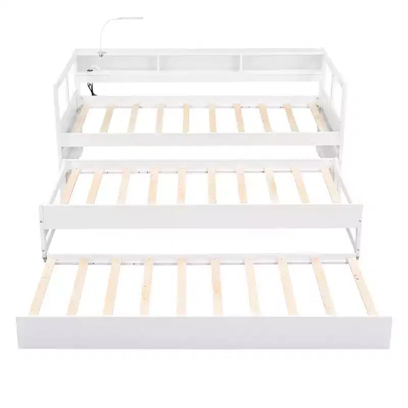 Divano letto Twin XL con 2 letti estraibili e ripiani portaoggetti, struttura letto in legno con ricarica USB e luce LED