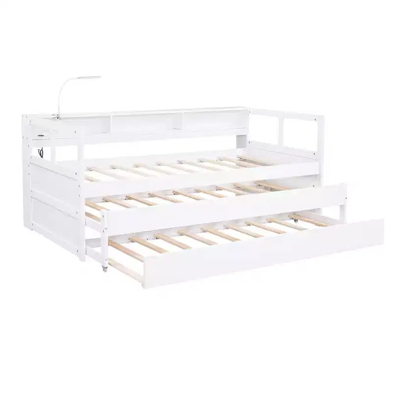 Divano letto Twin XL con 2 letti estraibili e ripiani portaoggetti, struttura letto in legno con ricarica USB e luce LED