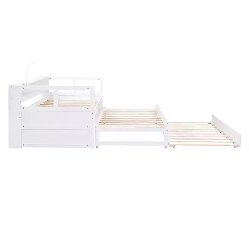 Divano letto Twin XL con 2 letti estraibili e ripiani portaoggetti, struttura letto in legno con ricarica USB e luce LED
