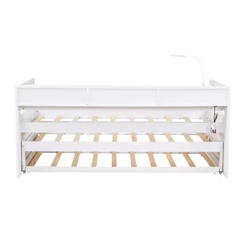 Divano letto Twin XL con 2 letti estraibili e ripiani portaoggetti, struttura letto in legno con ricarica USB e luce LED