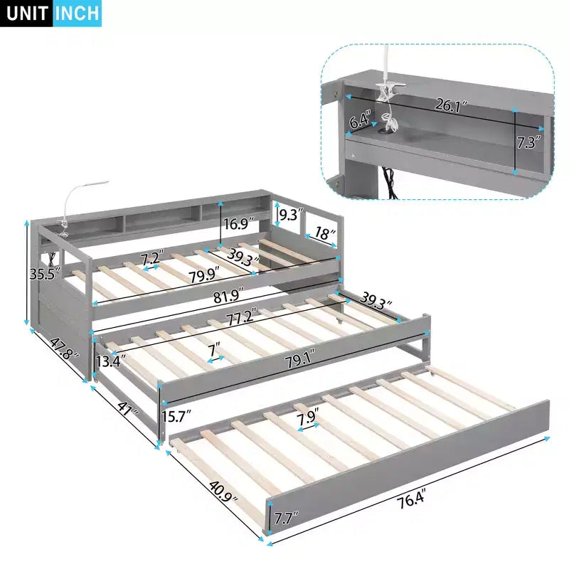 Divano letto Twin XL con 2 letti estraibili e ripiani portaoggetti, struttura letto in legno con ricarica USB e luce LED