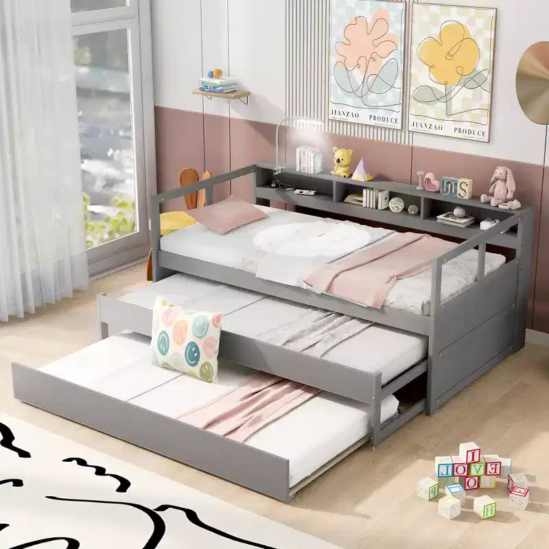 Divano letto Twin XL con 2 letti estraibili e ripiani portaoggetti, struttura letto in legno con ricarica USB e luce LED