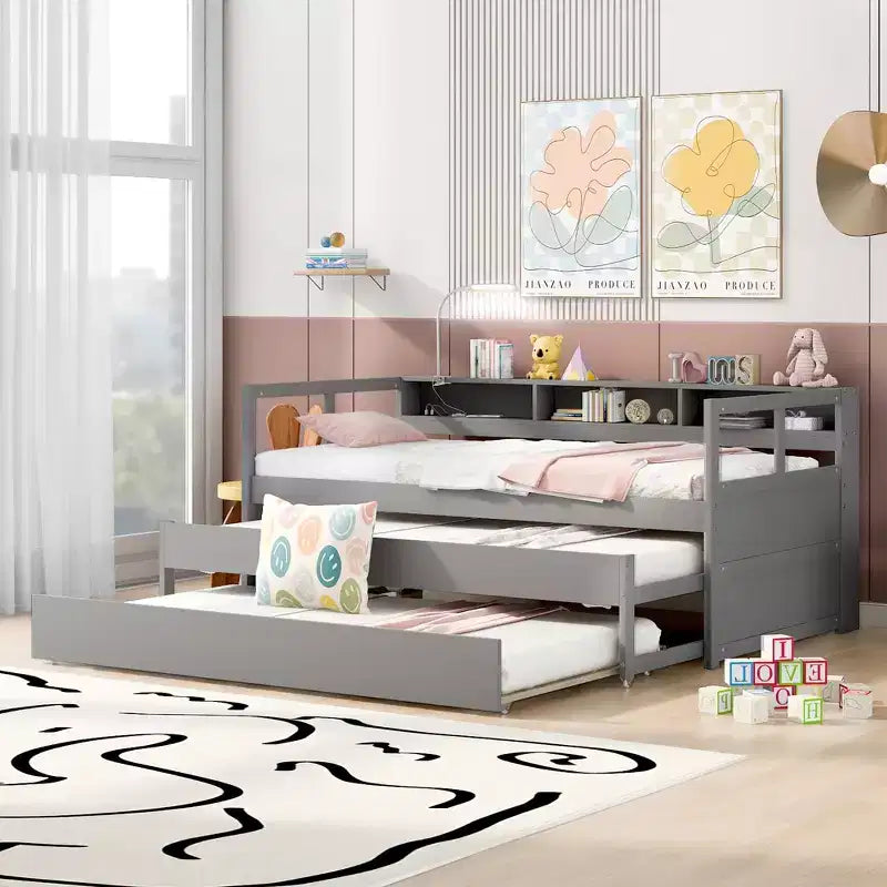 Divano letto Twin XL con 2 letti estraibili e ripiani portaoggetti, struttura letto in legno con ricarica USB e luce LED
