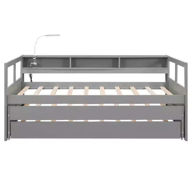 Divano letto Twin XL con 2 letti estraibili e ripiani portaoggetti, struttura letto in legno con ricarica USB e luce LED