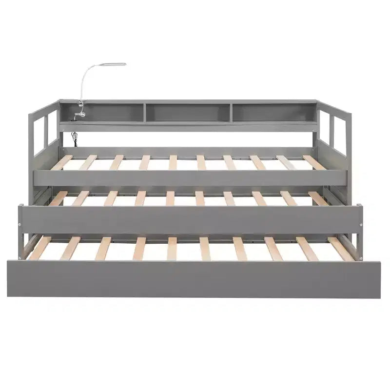 Divano letto Twin XL con 2 letti estraibili e ripiani portaoggetti, struttura letto in legno con ricarica USB e luce LED