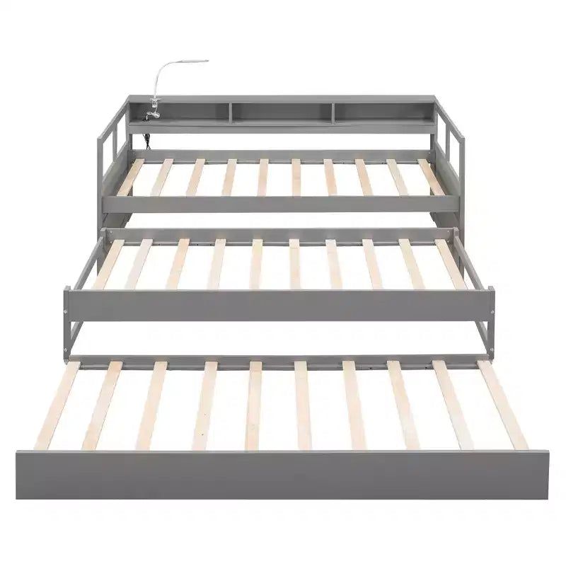Divano letto Twin XL con 2 letti estraibili e ripiani portaoggetti, struttura letto in legno con ricarica USB e luce LED